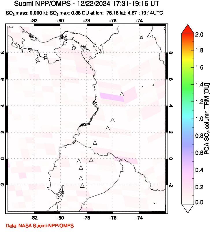 A sulfur dioxide image over Ecuador on Dec 22, 2024.