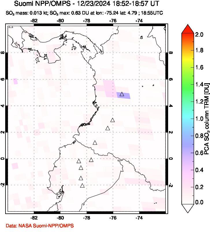 A sulfur dioxide image over Ecuador on Dec 23, 2024.