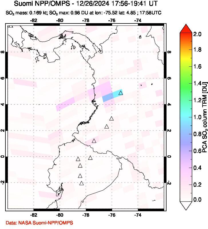 A sulfur dioxide image over Ecuador on Dec 26, 2024.