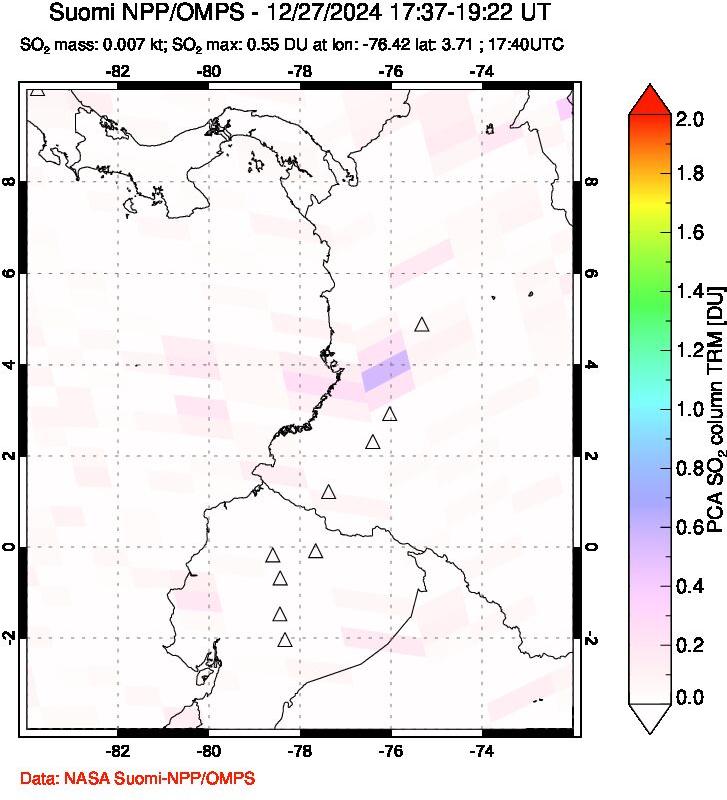 A sulfur dioxide image over Ecuador on Dec 27, 2024.