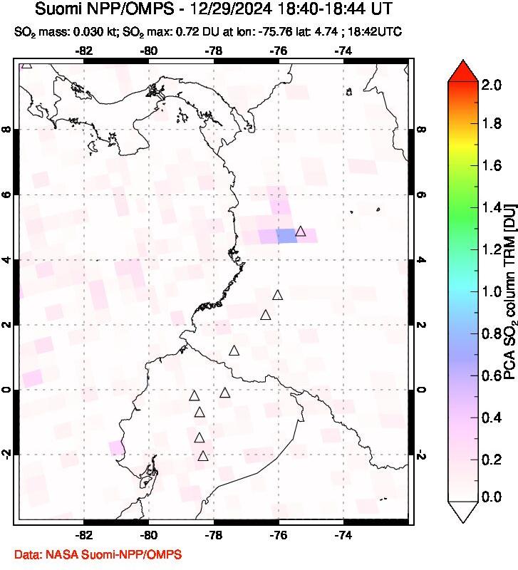 A sulfur dioxide image over Ecuador on Dec 29, 2024.