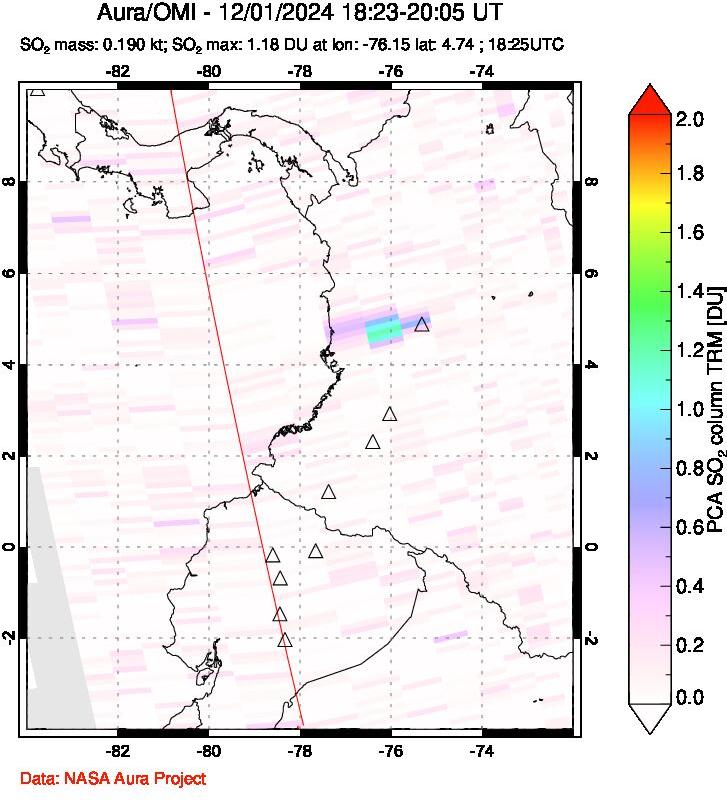 A sulfur dioxide image over Ecuador on Dec 01, 2024.