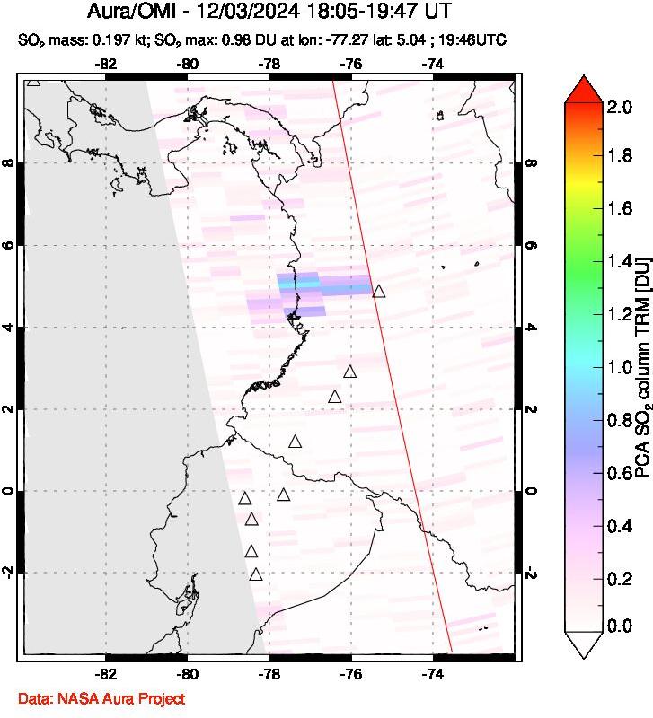 A sulfur dioxide image over Ecuador on Dec 03, 2024.