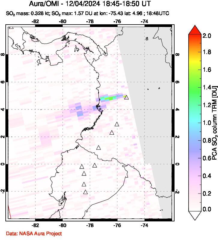 A sulfur dioxide image over Ecuador on Dec 04, 2024.