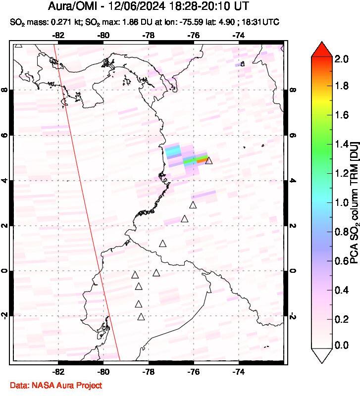 A sulfur dioxide image over Ecuador on Dec 06, 2024.