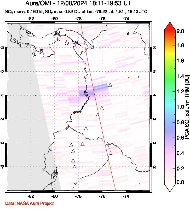 A sulfur dioxide image over Ecuador on Dec 08, 2024.