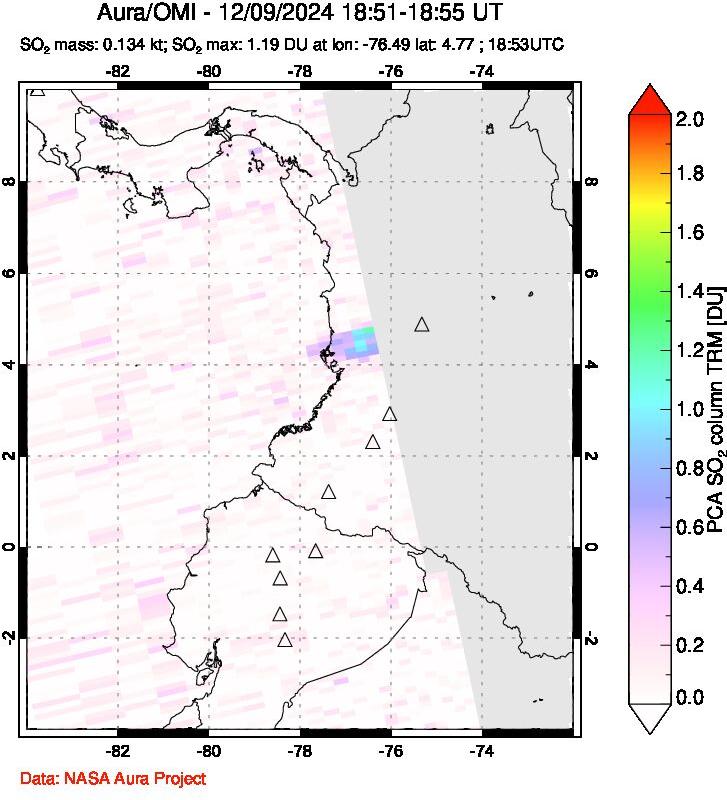 A sulfur dioxide image over Ecuador on Dec 09, 2024.