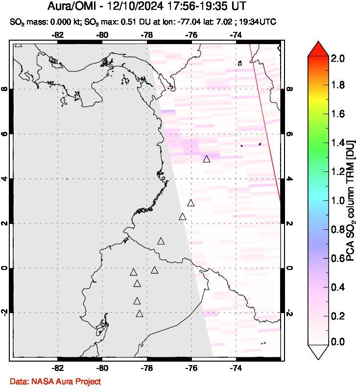 A sulfur dioxide image over Ecuador on Dec 10, 2024.