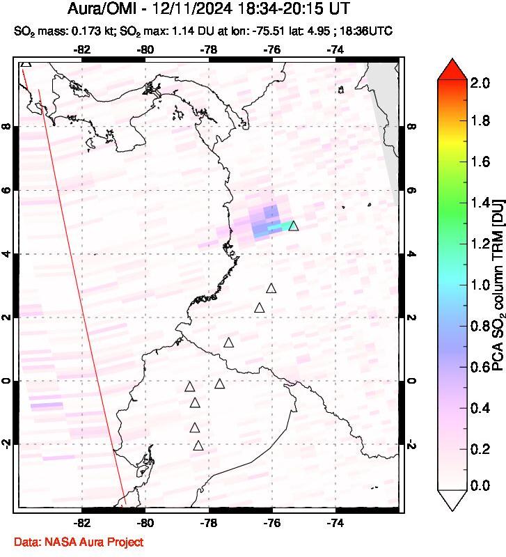 A sulfur dioxide image over Ecuador on Dec 11, 2024.