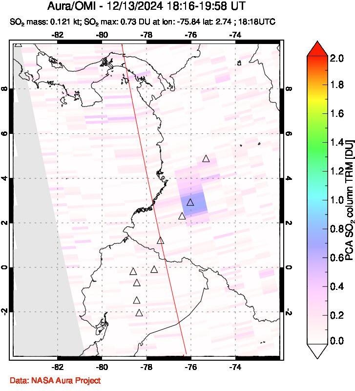 A sulfur dioxide image over Ecuador on Dec 13, 2024.