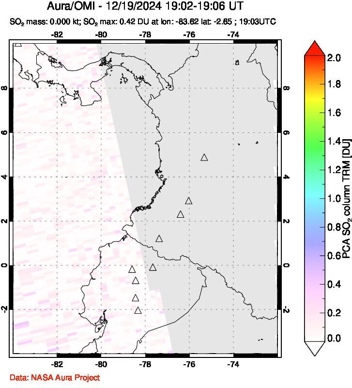 A sulfur dioxide image over Ecuador on Dec 19, 2024.