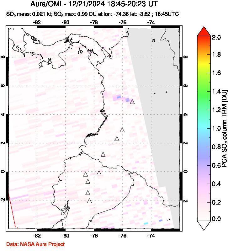 A sulfur dioxide image over Ecuador on Dec 21, 2024.