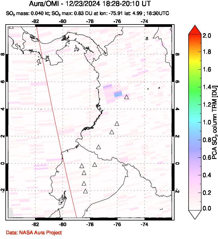 A sulfur dioxide image over Ecuador on Dec 23, 2024.