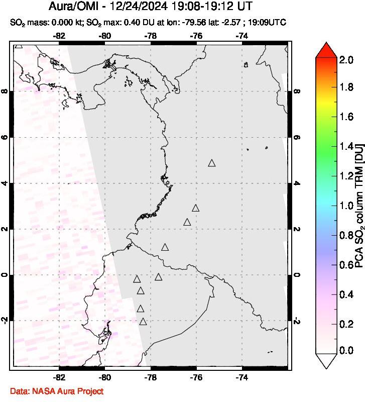 A sulfur dioxide image over Ecuador on Dec 24, 2024.