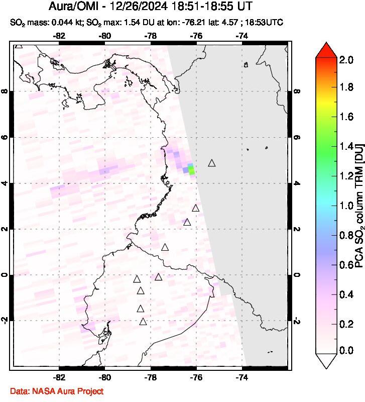 A sulfur dioxide image over Ecuador on Dec 26, 2024.