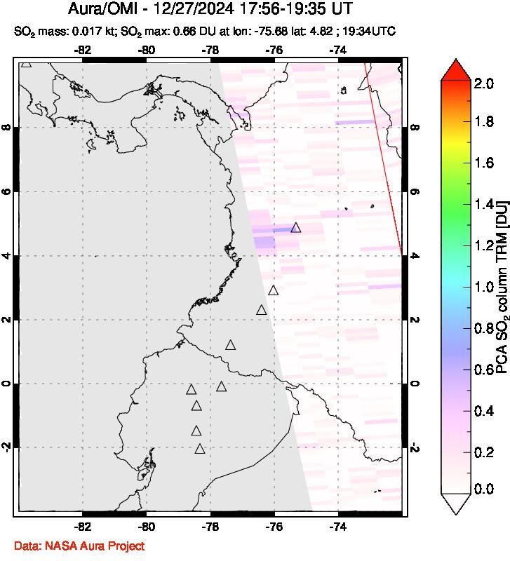 A sulfur dioxide image over Ecuador on Dec 27, 2024.