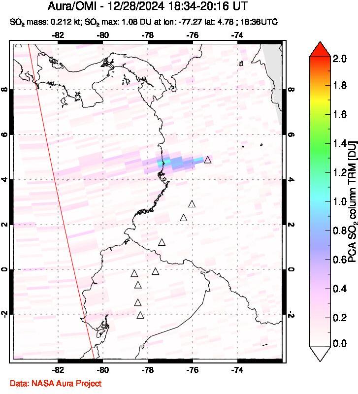 A sulfur dioxide image over Ecuador on Dec 28, 2024.