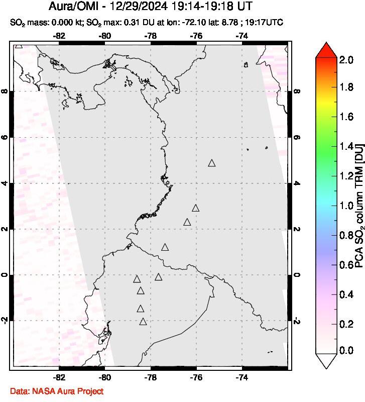 A sulfur dioxide image over Ecuador on Dec 29, 2024.