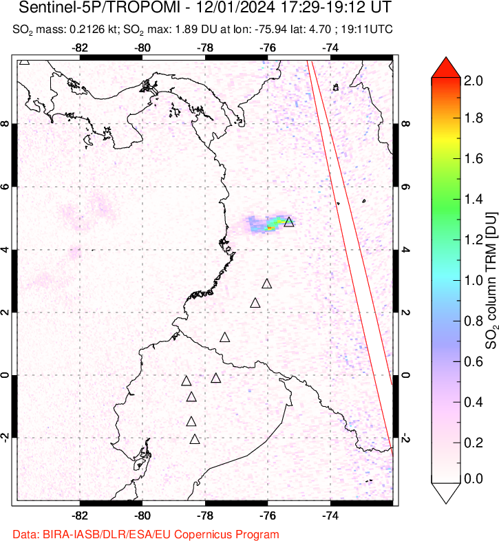 A sulfur dioxide image over Ecuador on Dec 01, 2024.