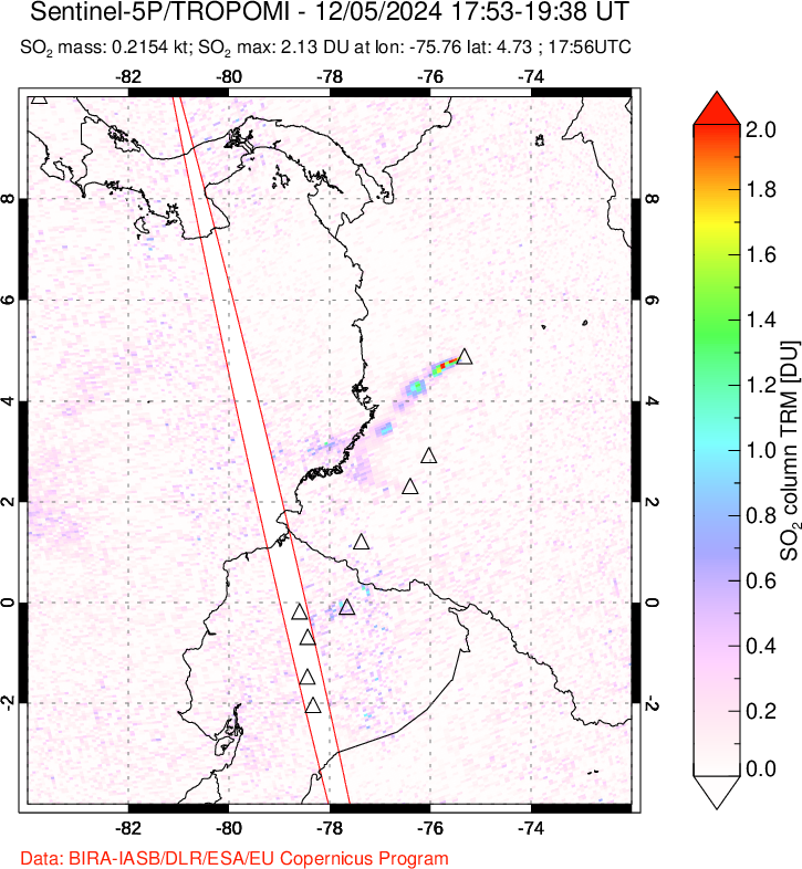 A sulfur dioxide image over Ecuador on Dec 05, 2024.