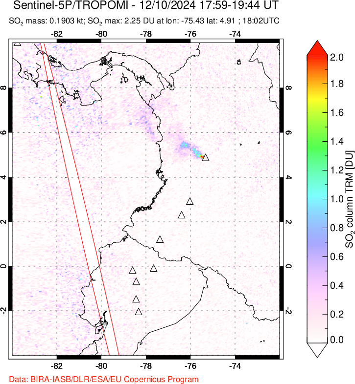 A sulfur dioxide image over Ecuador on Dec 10, 2024.