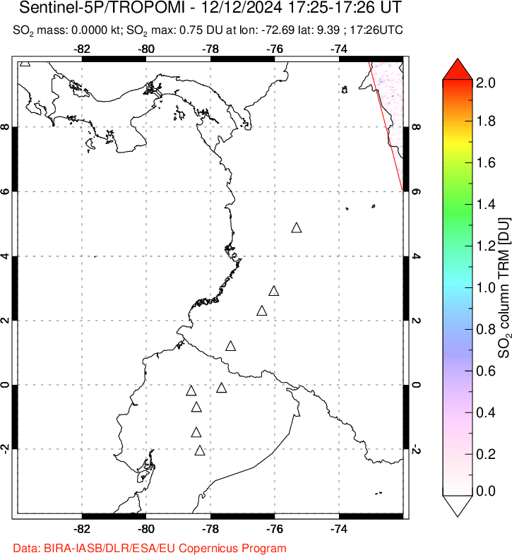 A sulfur dioxide image over Ecuador on Dec 12, 2024.