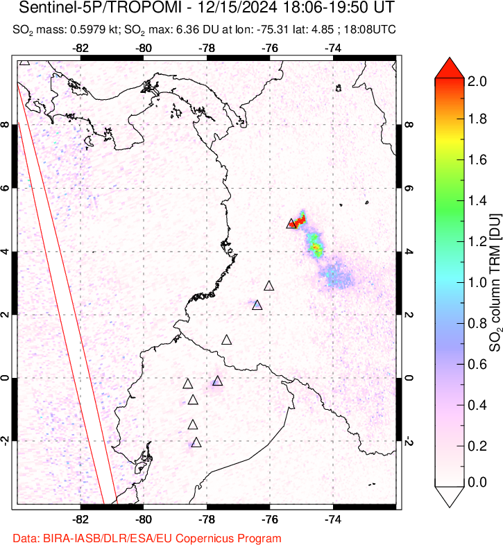 A sulfur dioxide image over Ecuador on Dec 15, 2024.