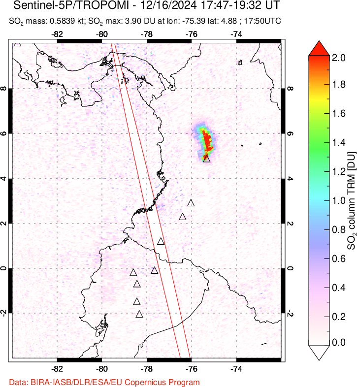 A sulfur dioxide image over Ecuador on Dec 16, 2024.