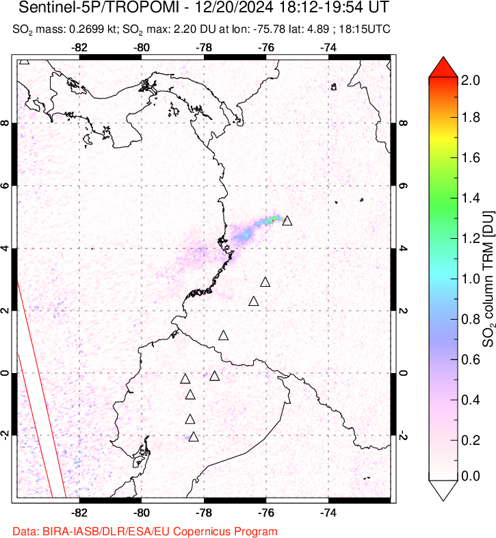 A sulfur dioxide image over Ecuador on Dec 20, 2024.