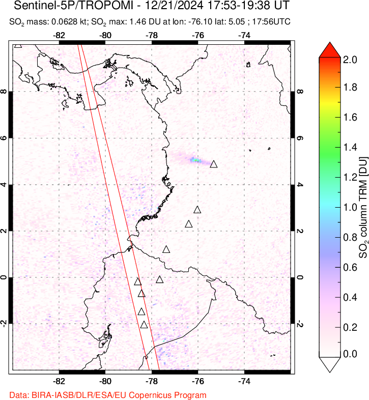 A sulfur dioxide image over Ecuador on Dec 21, 2024.