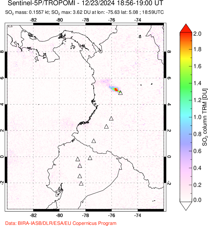 A sulfur dioxide image over Ecuador on Dec 23, 2024.