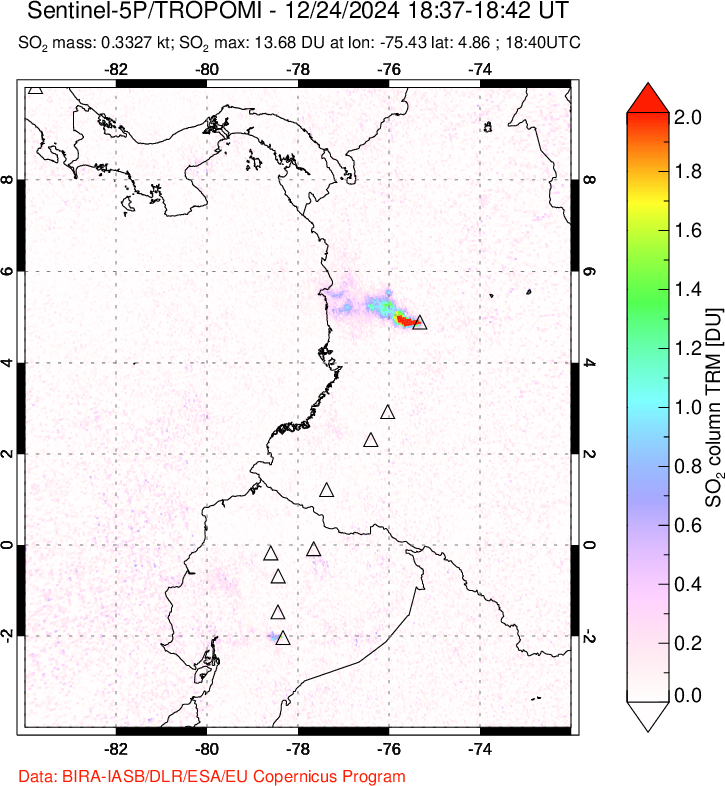 A sulfur dioxide image over Ecuador on Dec 24, 2024.