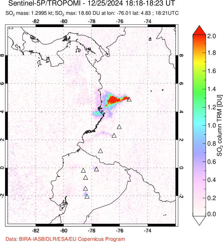 A sulfur dioxide image over Ecuador on Dec 25, 2024.