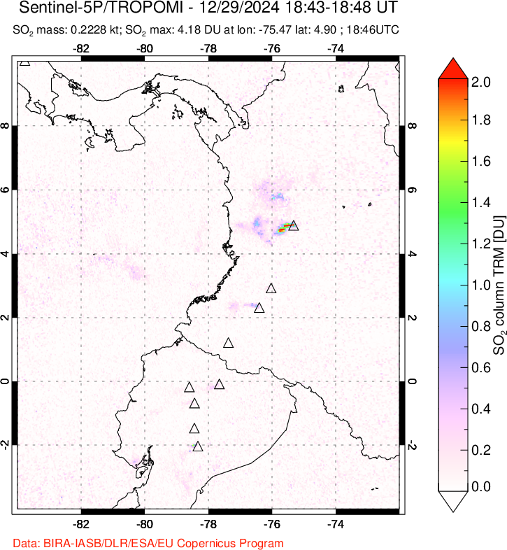 A sulfur dioxide image over Ecuador on Dec 29, 2024.