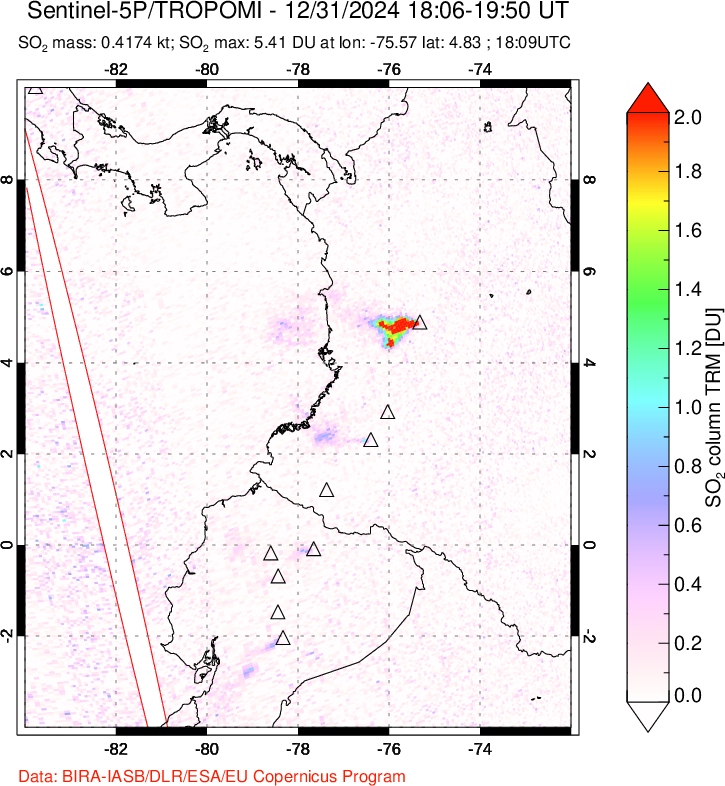 A sulfur dioxide image over Ecuador on Dec 31, 2024.