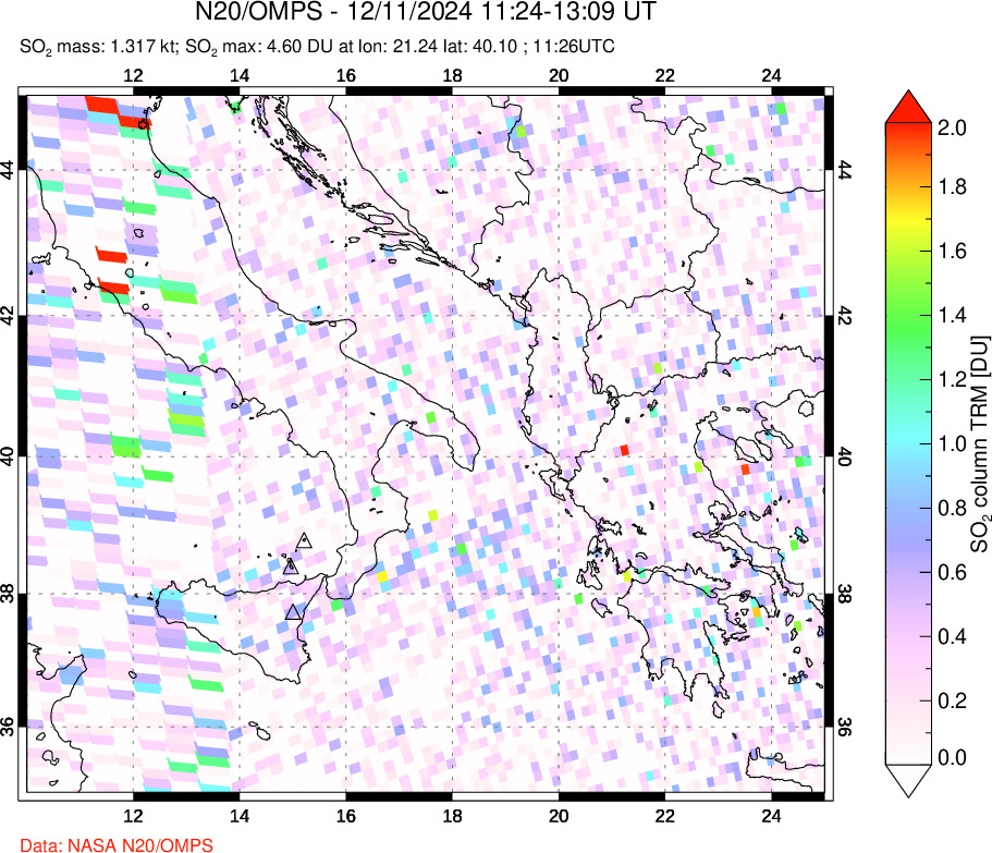 A sulfur dioxide image over Etna, Sicily, Italy on Dec 11, 2024.