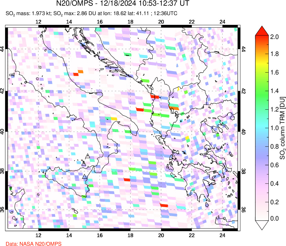 A sulfur dioxide image over Etna, Sicily, Italy on Dec 18, 2024.