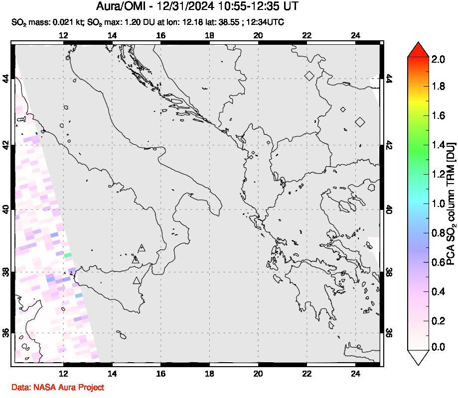 A sulfur dioxide image over Etna, Sicily, Italy on Dec 31, 2024.