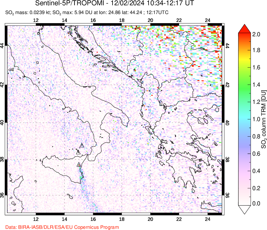 A sulfur dioxide image over Etna, Sicily, Italy on Dec 02, 2024.