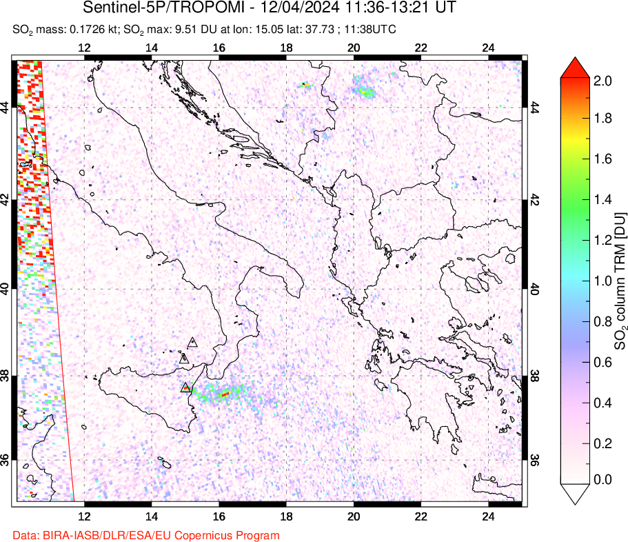 A sulfur dioxide image over Etna, Sicily, Italy on Dec 04, 2024.