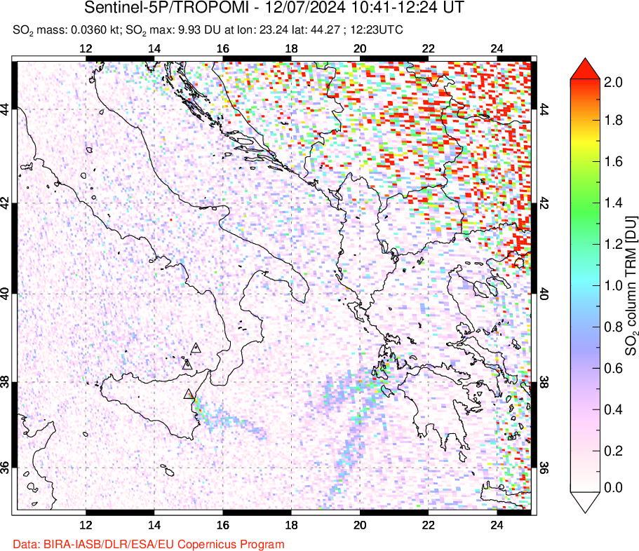 A sulfur dioxide image over Etna, Sicily, Italy on Dec 07, 2024.