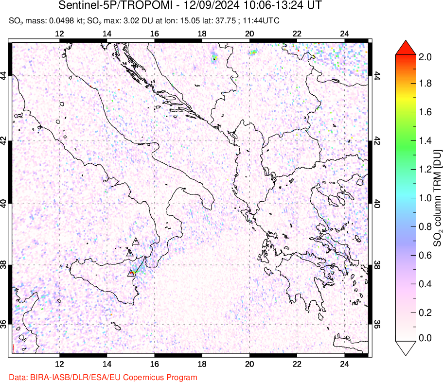 A sulfur dioxide image over Etna, Sicily, Italy on Dec 09, 2024.