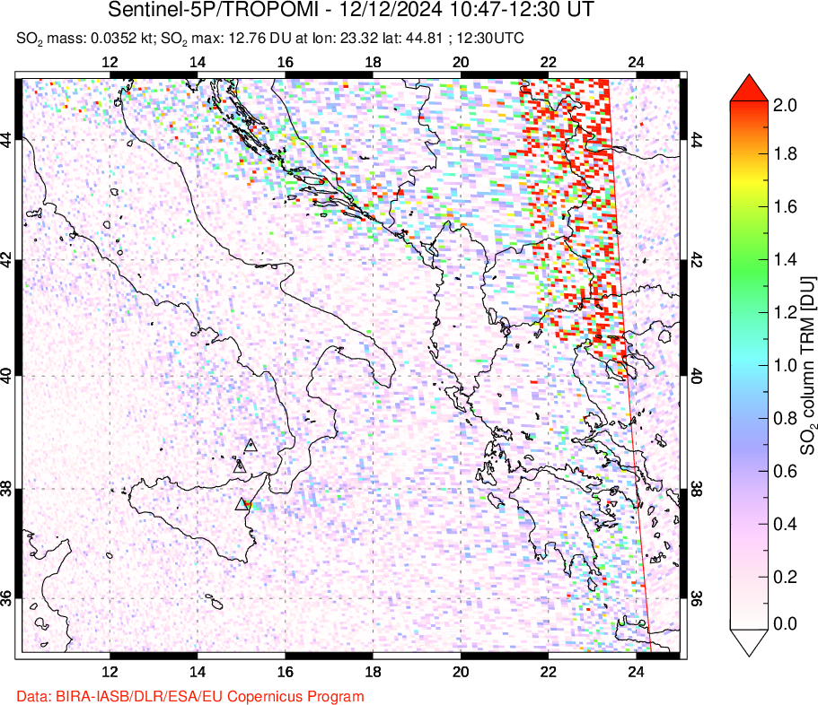 A sulfur dioxide image over Etna, Sicily, Italy on Dec 12, 2024.