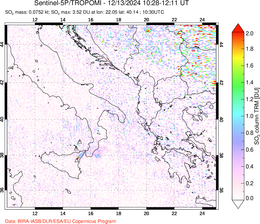 A sulfur dioxide image over Etna, Sicily, Italy on Dec 13, 2024.