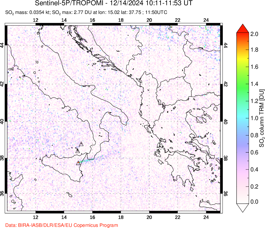 A sulfur dioxide image over Etna, Sicily, Italy on Dec 14, 2024.