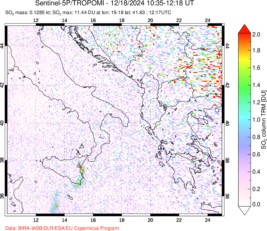 A sulfur dioxide image over Etna, Sicily, Italy on Dec 18, 2024.