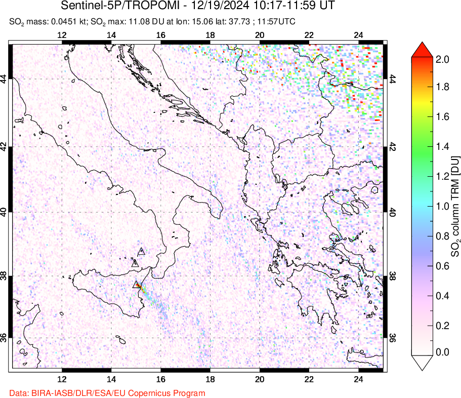 A sulfur dioxide image over Etna, Sicily, Italy on Dec 19, 2024.