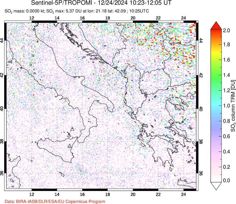 A sulfur dioxide image over Etna, Sicily, Italy on Dec 24, 2024.