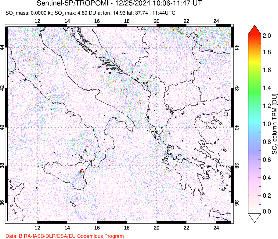 A sulfur dioxide image over Etna, Sicily, Italy on Dec 25, 2024.