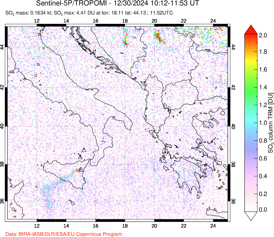 A sulfur dioxide image over Etna, Sicily, Italy on Dec 30, 2024.